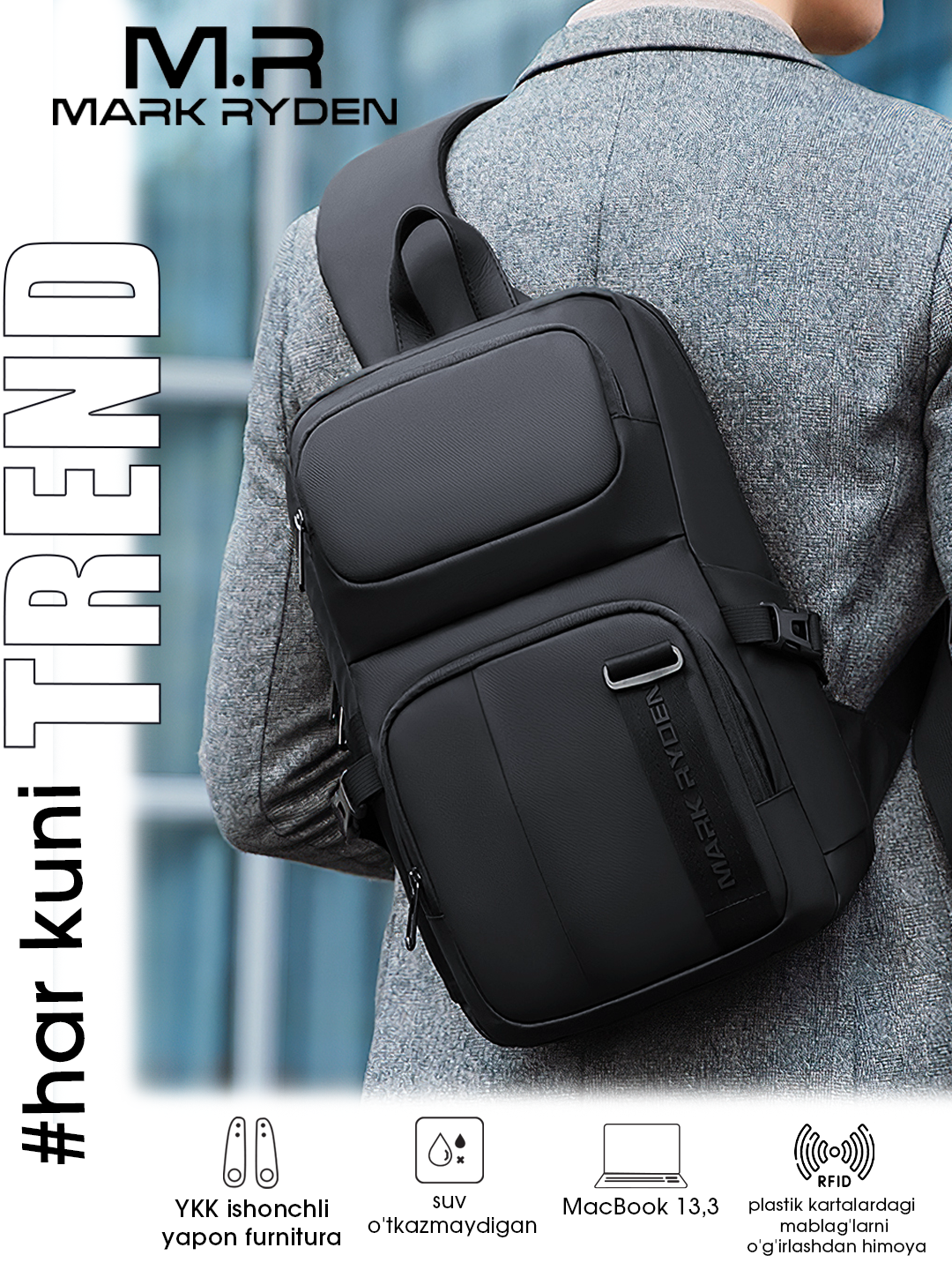 Mini-ryukzak Mark Ryden MR7633 RFID himoyasi bilan, yelkali sumka , erkak uchun, Oxford - 