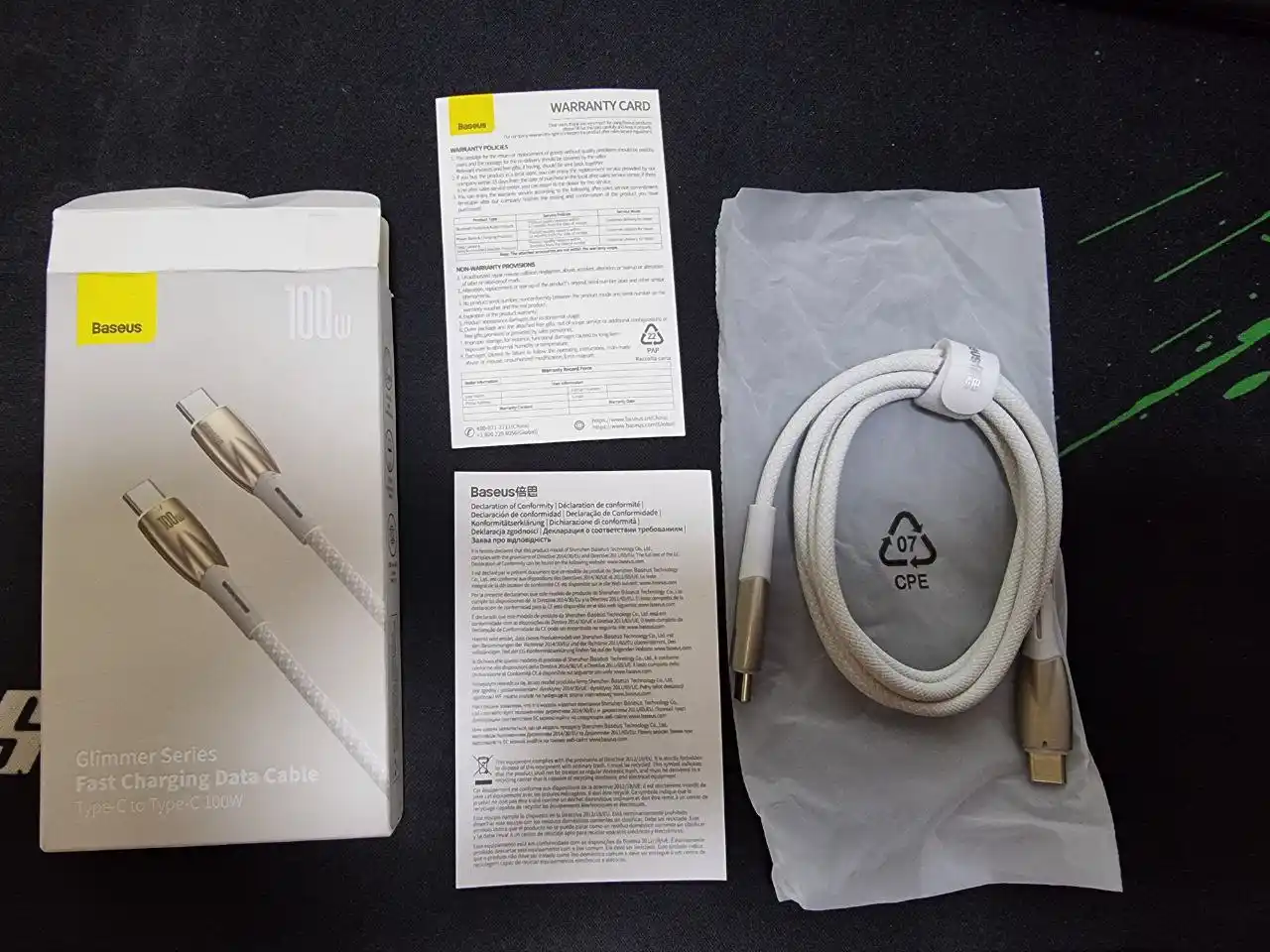 Кабель для быстрой зарядки данных Baseus Glimmer, Type-C на Type-C, 100W