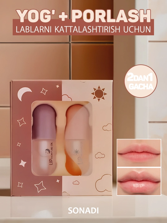 Kun va tun uchun hajm beruvchi lab blyesklari toplami, 3+3 ml