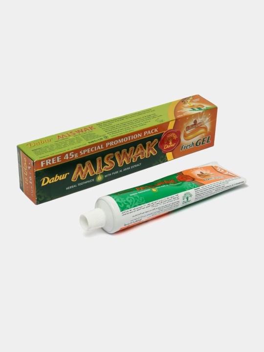 Tish pastasi gel Dabur Miswak Fresh, misvak bilan, oqartirish, ftoridsiz, halol, 60-150 gr