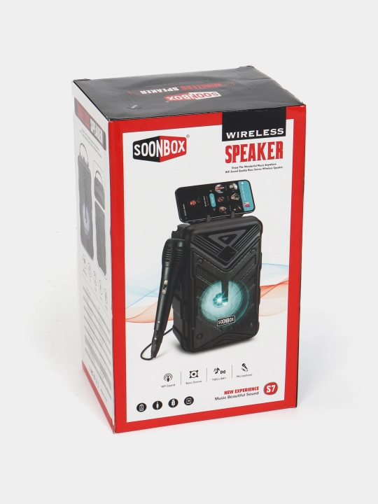 Karaoke kolonka Bluetooth Soonbox S7, FM Radio va simli mikrofoni bilan