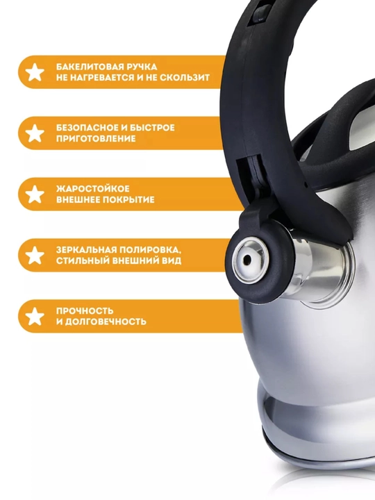 Чайник со свистком, для всех видов плит, металлический, индукция, 3.3 л