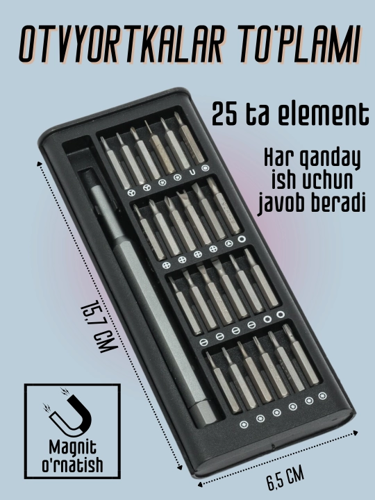 Otvyortkalar to'plami, bitlar, elektron uskunalar va telefon ta'mirlash uchun, 25  element - 