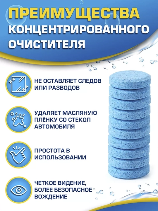 Моющий концентрат для мытья стекол автомобиля, таблетка в бачок омывателя
