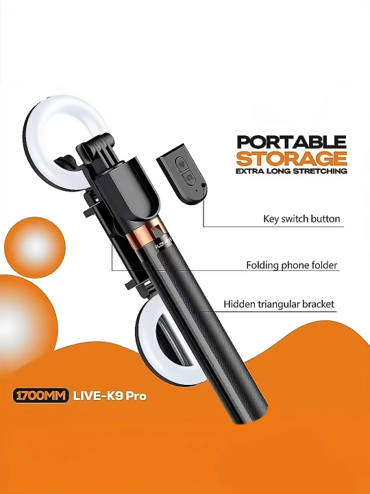 Tripod stendi, selfi tayoqchasi + LED chiroq, jonli efir uchun, 200 sm