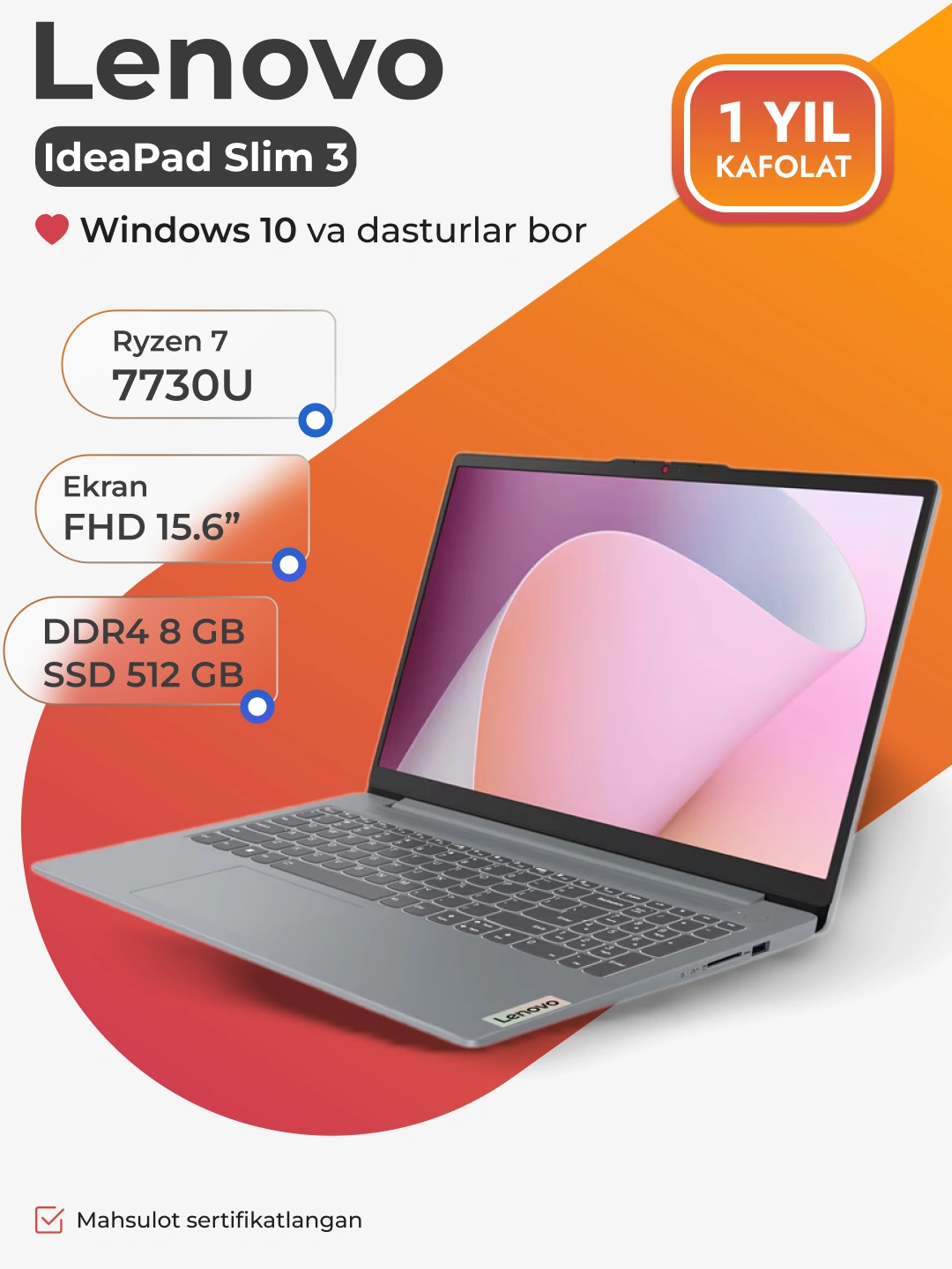 Ноутбук Lenovo Slim 3, AMD Ryzen 7-7730U, DDR4 8ГБ, SSD 512ГБ, 15.6" FHD IPS, Windows за 6065000 сум со скидкой 32%. Uzum Market