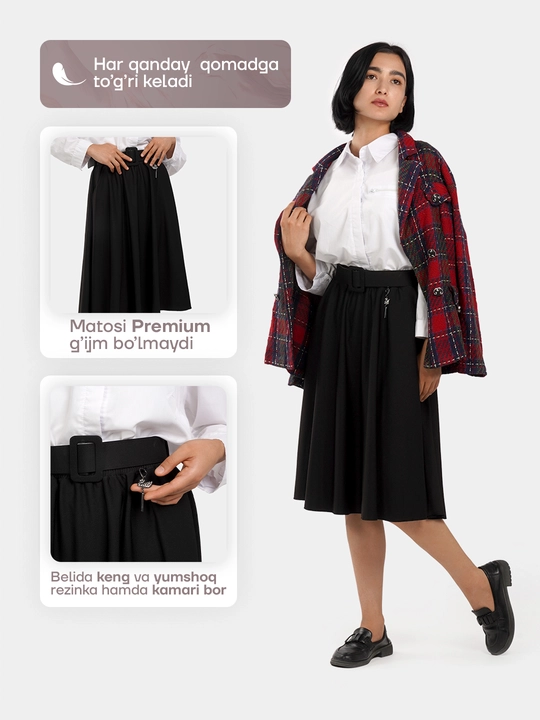 Yubka qizlar uchun maktab yubka, keng, rezinkada, kamar bilan qora, ofis uchun