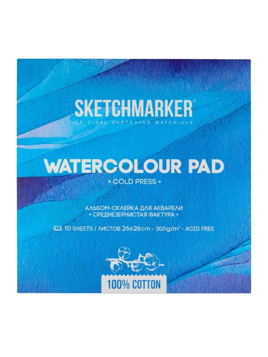 Akvarel albomi Sketchmarker 300 g/m2, 26 x 26 sm, paxta 100%, o'rtacha don, yopishtirish - 