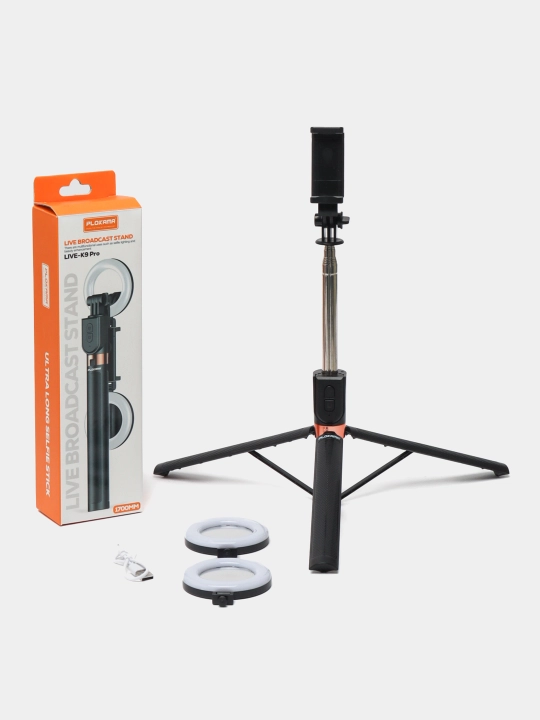 Tripod stendi, selfi tayoqchasi + LED chiroq, jonli efir uchun, 200 sm