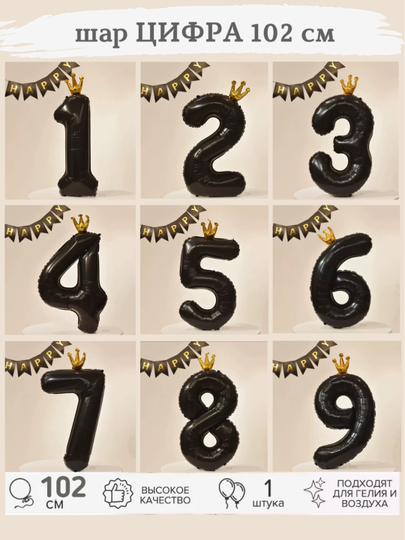 Katta raqam shar, toj bilan, raqamlar 1, 2, 3, 4, 5, 6, 7, 8, 9, 0 tug‘ilgan kunga sharlar