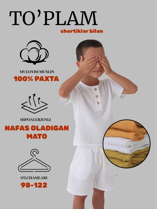 O'g'il va qiz uchun shortilar bilan kostyum to'plam futbolka pijama, muslin - 