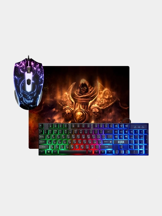 Игровой комплект 3 в 1 USB клавиатура+ USB мышь+ коврик Defender AURA с RGB подсветкой - 