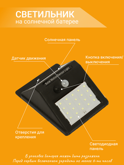 LED уличный фонарь, на солнечной энергии, с датчиком движения, светодиод 20