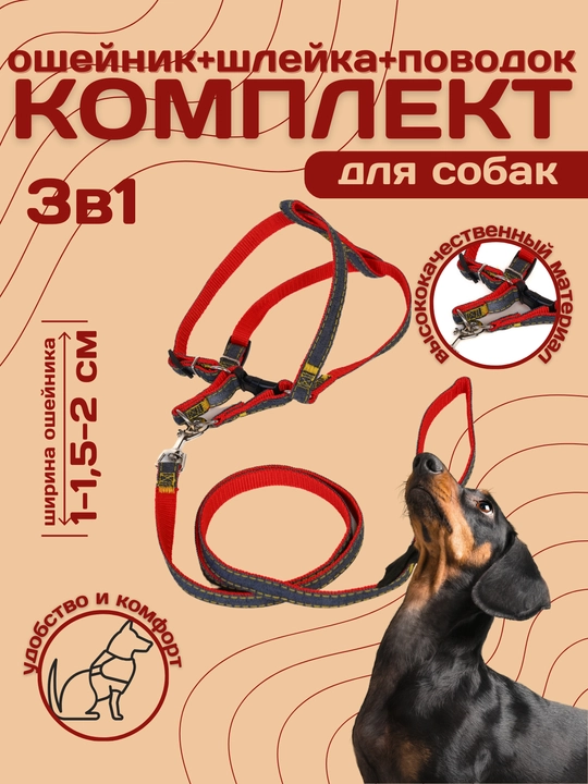 Ошейник комплект со шлейкой и поводком, красный У006-CN-093 - 