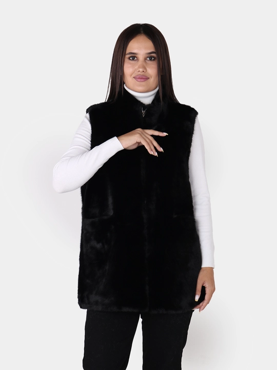 Ayollar uchun uzun jilet, ekologik mo‘yna, cho‘ntakli 