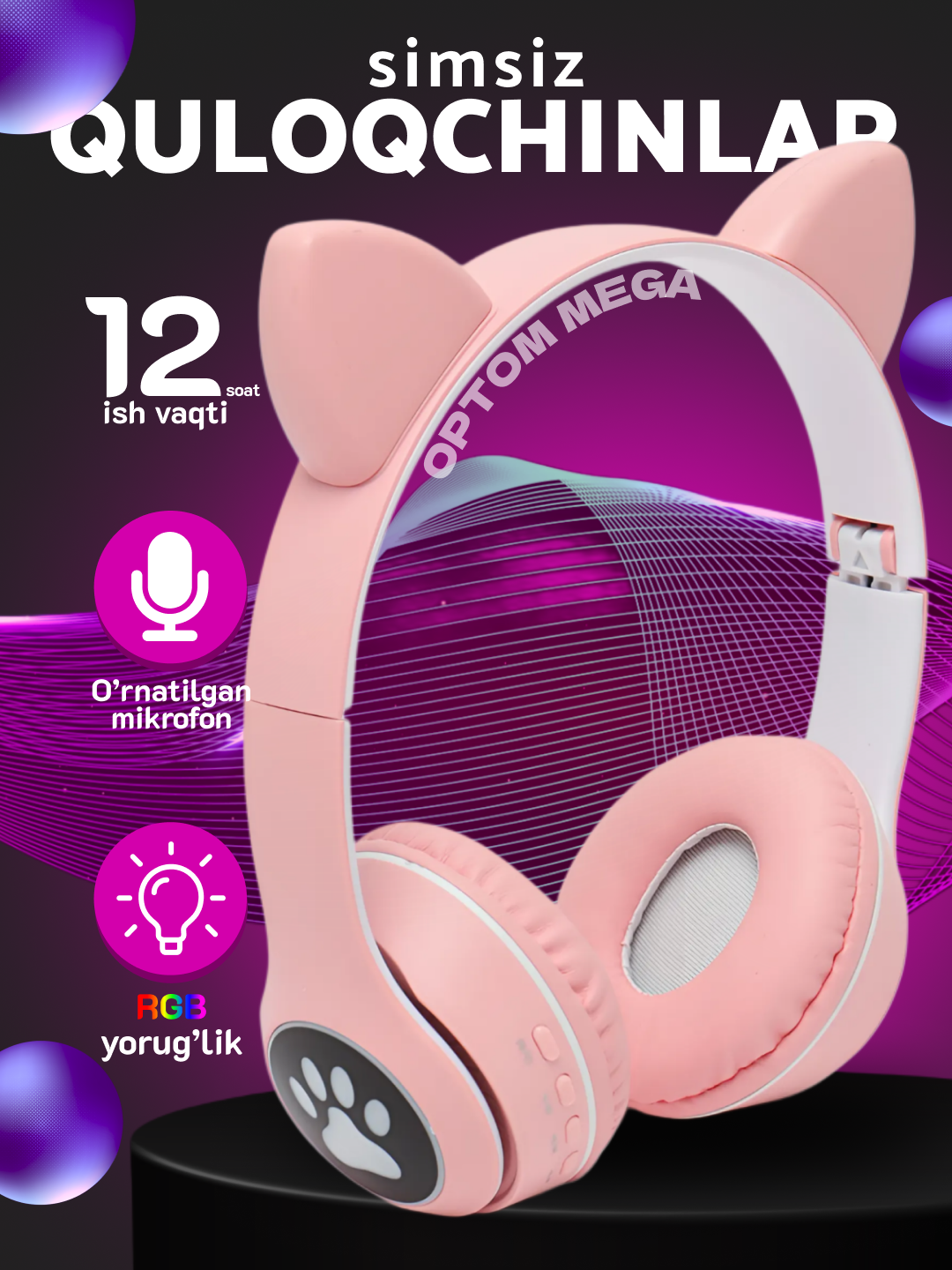 Simsiz quloqchin Cat Ear, yonadigan mushuk quloqlari bilan, Bluetooth