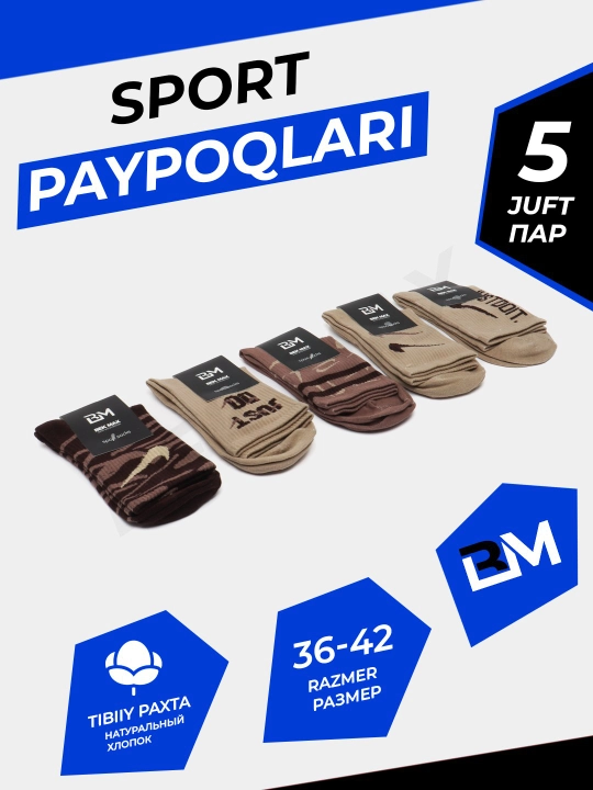 "BEK MAX" erkaklar va ayollar uzun sport paypoqlari to‘plami, 5 dona