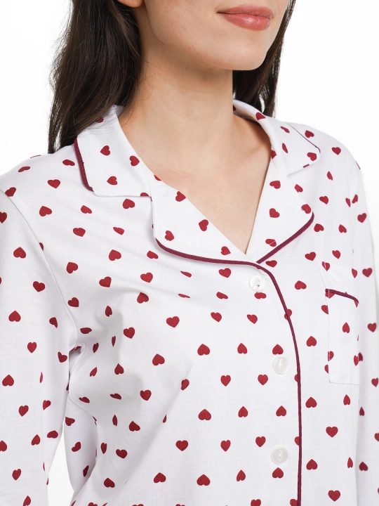 Pijama ayollar uchun-oq, qizil yurakchali, 100% Paxta