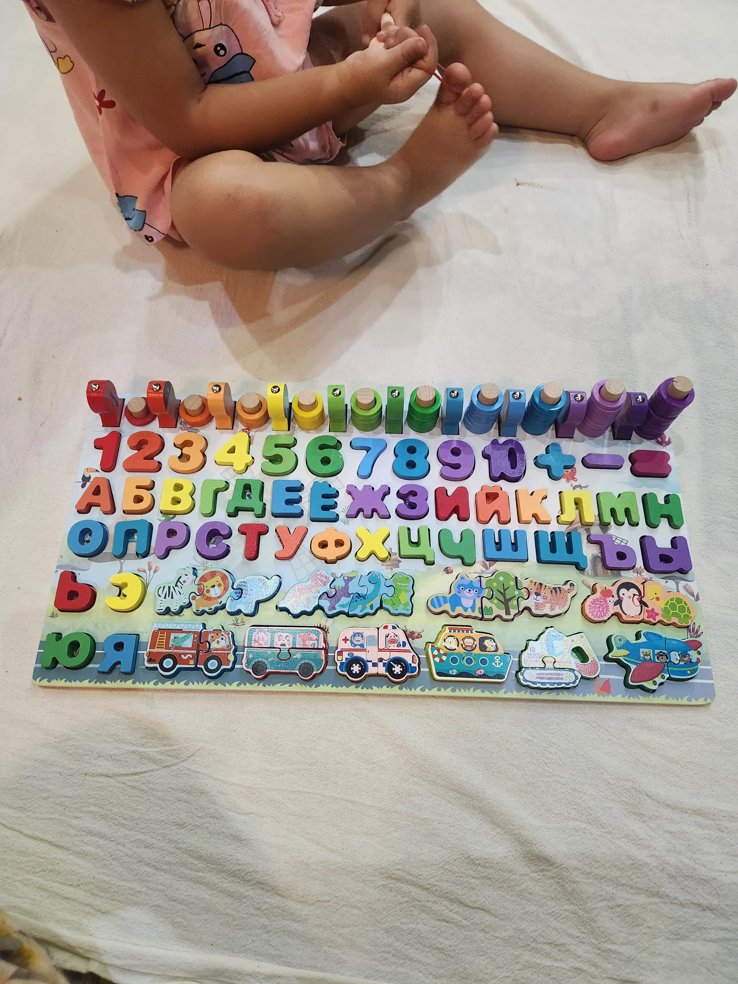 Yog'ochdan yasalgan o'quv doskasi, Montessori, saralovchi, rus alifbosi, raqamlar, ranglar