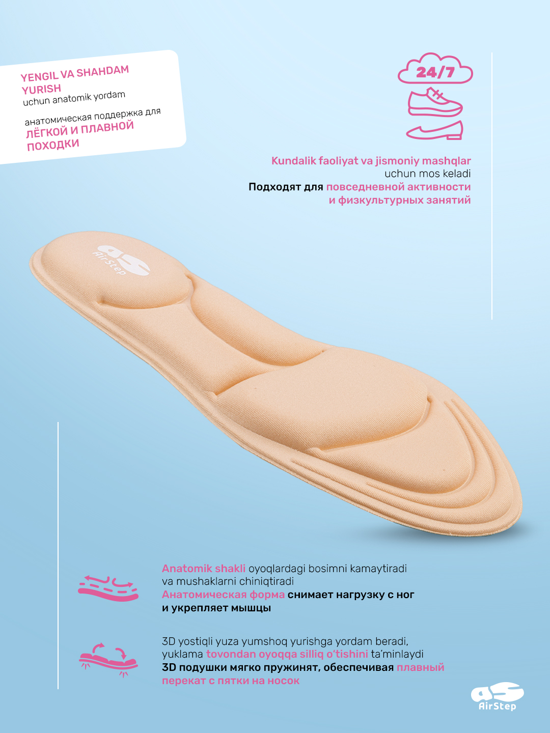 Стельки для женской обуви AIRSTEP, универсальные, мягкие анатомические стельки