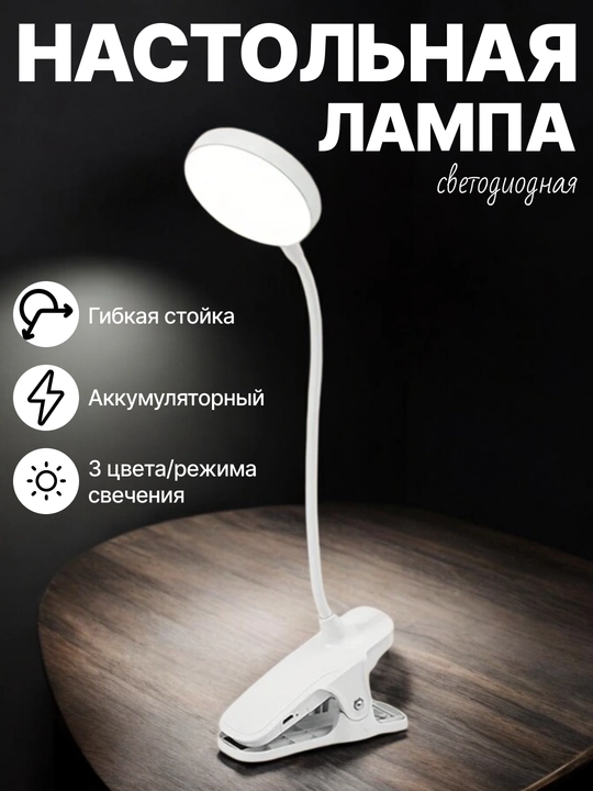 Настольная аккумуляторная лампа с зажимом и гибкой стойкой - 