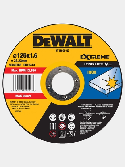 Диск отрезной по стали DeWALT "LONG LIFE WA60TBF", 125 * 1.6 * 22.23 мм, DT43906-QZ - 