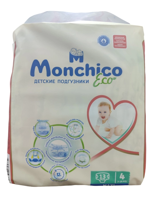 Подгузники Monchico Eco+, 26 шт 2 в 1, упаковке 26 шт размер 4, 7-14 кг