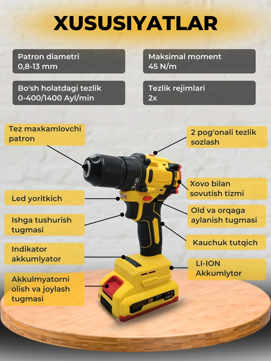 Shurp buragich cho'tkasiz, zarbli motor, 2ta akkumulyatorli