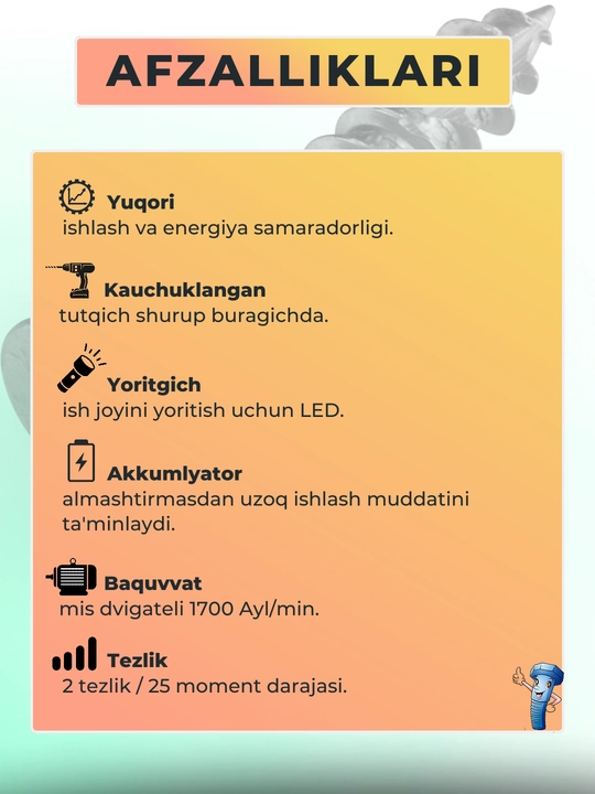 Shurp buragich cho'tkasiz, zarbli motor, 2ta akkumulyatorli