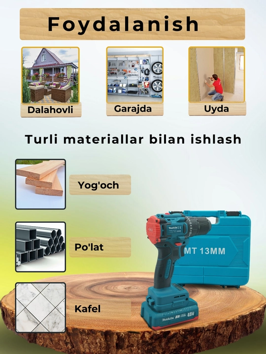 Shurp buragich cho'tkasiz, zarbli motor, 2ta akkumulyatorli