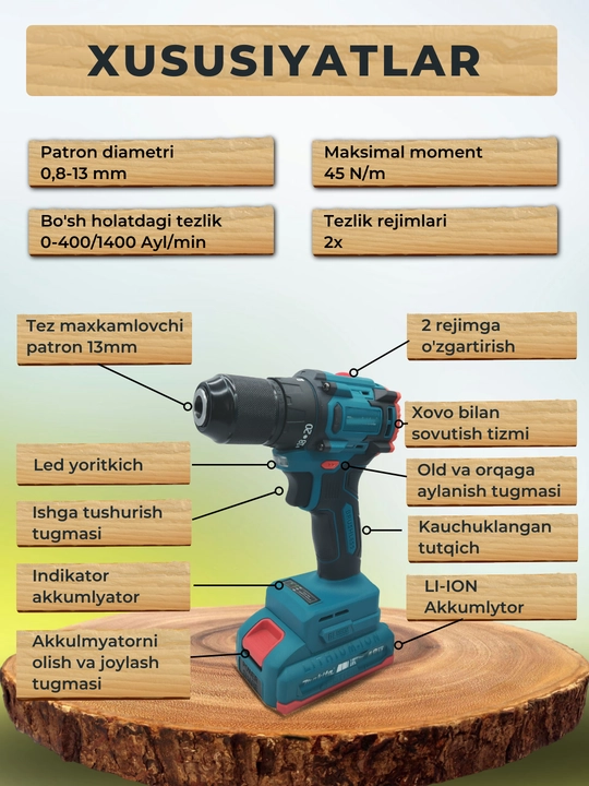 Shurp buragich cho'tkasiz, zarbli motor, 2ta akkumulyatorli