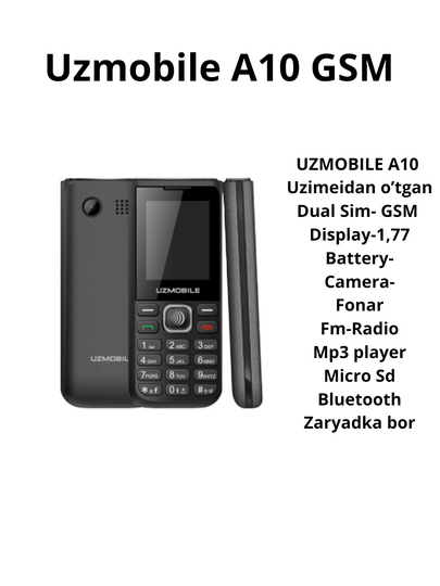 Кнопочный телефон UZMOBILE A10, батарея 1000 мА/ч, IMEI коды зарегистрирован