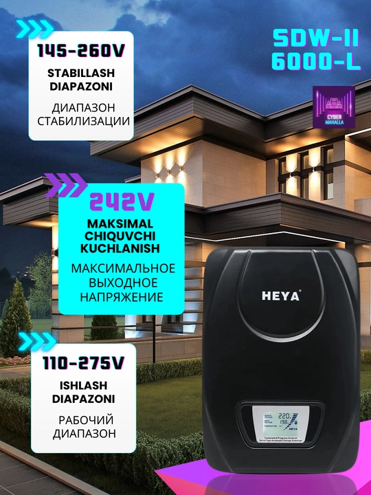 Kuchlanish stabilizatorlari HEYA 5 kVt, 13 kVt, 20 kVt, bir fazali, uy va ofis uchun