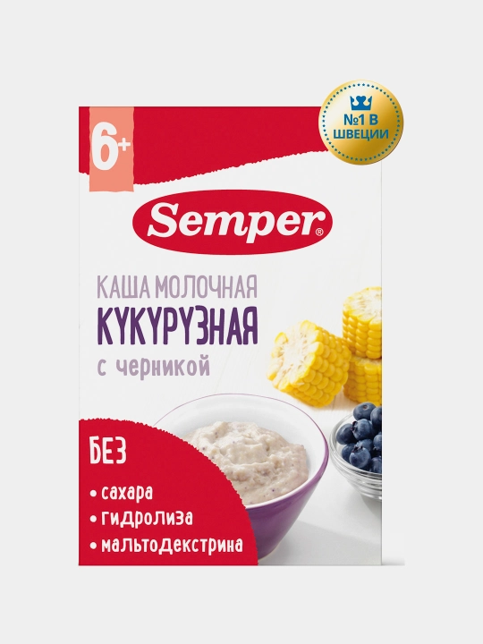 Каша молочная кукурузная Semper, с черникой, сухая, без сахара, без глютена, 6 м+, 180 г - 