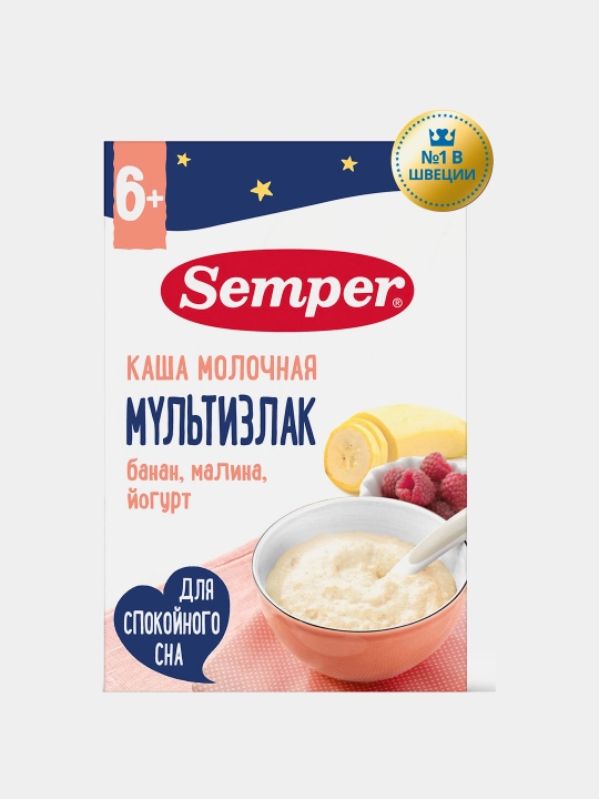 Ko'p donli sutli bo'tqasi Semper, banan, malina, yogurt, 9 oydan tinch uyqu uchun, 180 g - 