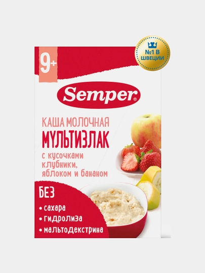 Kаша молочная, мультизлак Semper,с кусочками клубники,яблоком и бананом,сухая 9 м +, 180 г — SV-6987