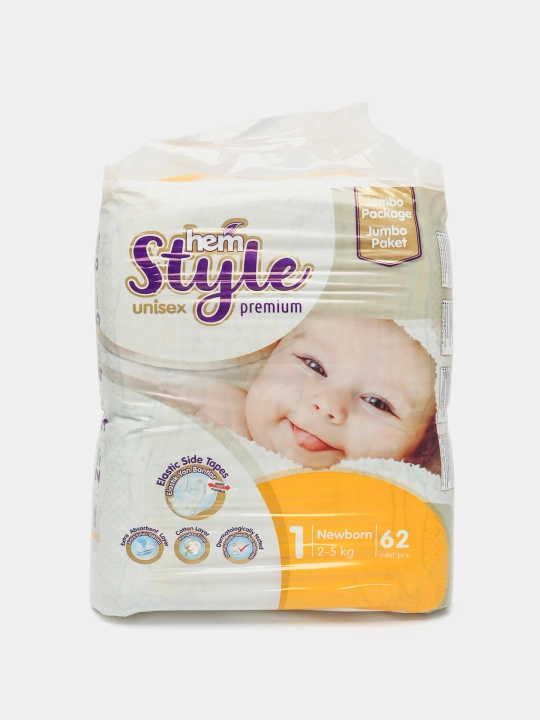 Подгузники Pampers, с подолом, унисекс,1 новорожденный, 2-5 кг 62 шт - 