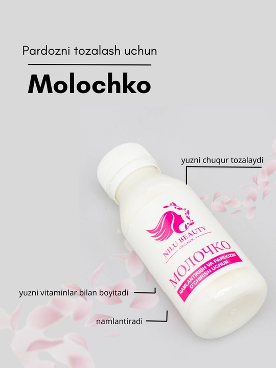 Yengil makiyajni olib tashlash va yuzni namlantirish uchun tabiiy kosmetik molochko