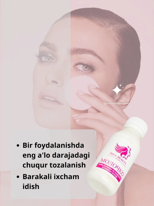 Yengil makiyajni olib tashlash va yuzni namlantirish uchun tabiiy kosmetik molochko