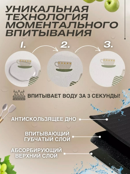 Коврик для сушки посуды, впитывающий, противоскользящий, нано-коврик для кухни