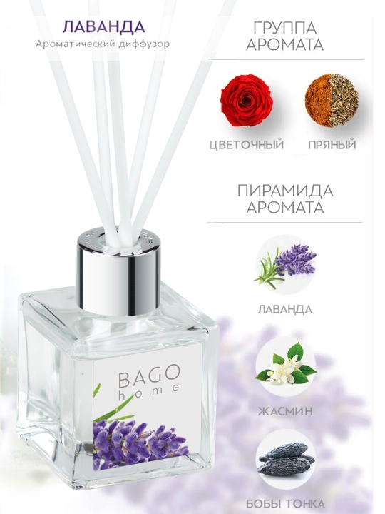 Tabiiy xushbo'y diffuzor BAGO home, 50 ml + sprey 30 ml, uy uchun