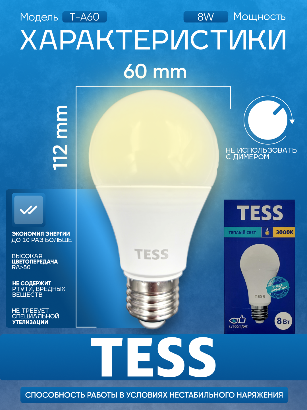 LED лампа, TESS 15Вт 13Вт 10Вт 8Вт E27: энергоэффективность А+,  лед, лампочка, 80Ra