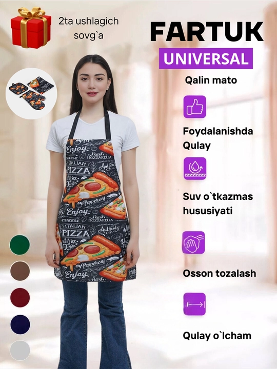 Oshxona fartugi, tutqich va qo‘lqop to‘plami, suv qaytaruvchi, pitsa naqshli, sovg‘a uchun