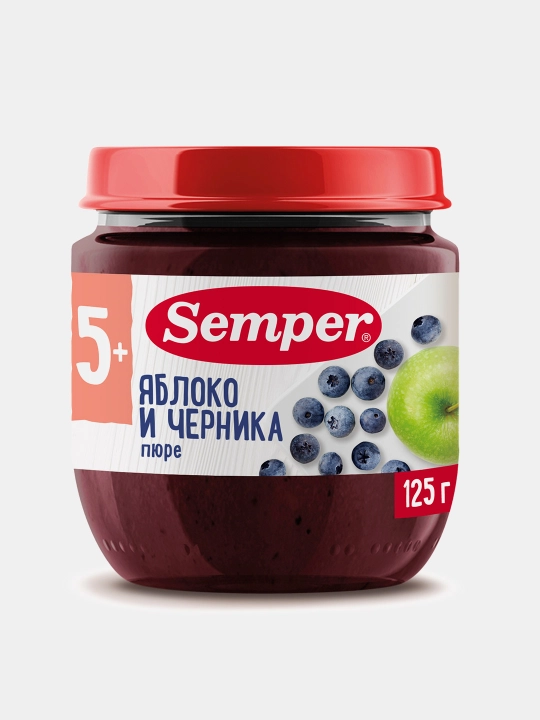 Пюре Semper, фруктовое, яблоко и черника, детское, 5 м+, 125 гр - 