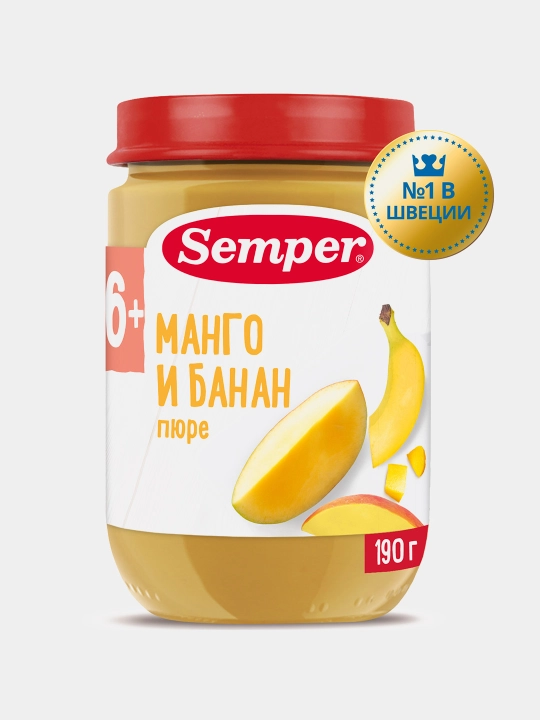 Semper mevali pyuresi Mango va banan, shakarsiz, 6 oydan boshlab chaqaloqlar uchun, 190 gr - 