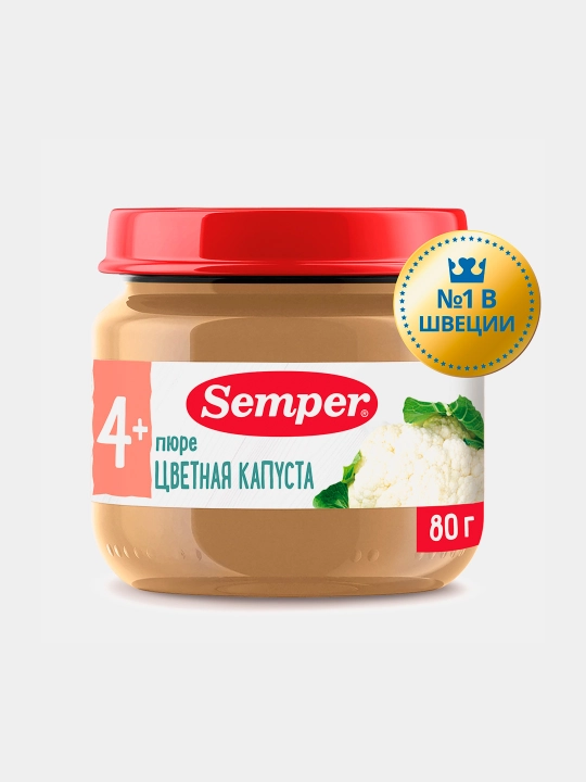 Пюре детское овощное Semper, цветная капуста, без соли, для первого прикорма, 4 м+, 80 гр - 