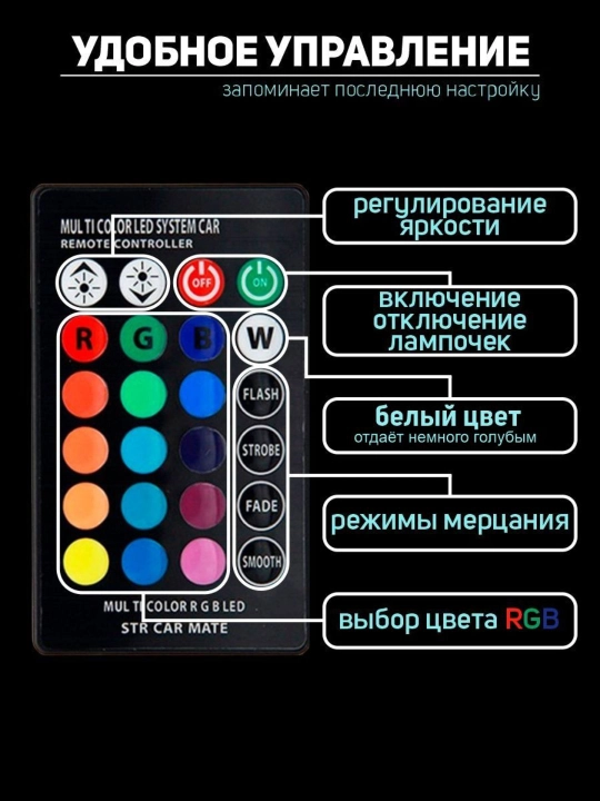 Avtomobil LED rangli lampalar T10, RGB, 2 dona