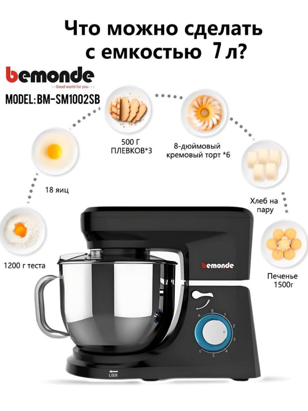 Планетарный миксер 7 л Bemonde BM-SM1002SB, 1700 Вт