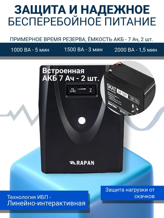 Uzluksiz quvvat manbai RAPAN-UPS 2000, UPS IBP stabilizator, kompyuter va ofis uchun