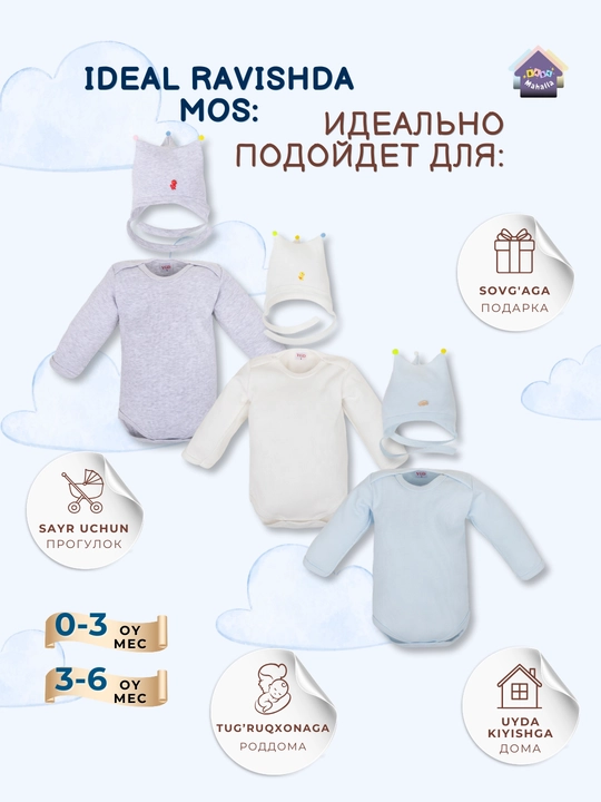 Детский боди с рукавами и детская шапка, комплект 100% хлопок, 0-3, 3-6